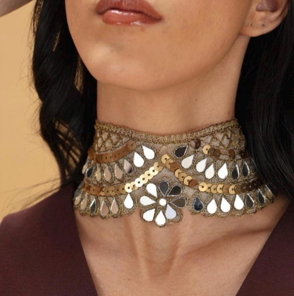 New Handmade Mirror Embroidered Floral Choker Gold Storm Choker - Picture 3 of 10